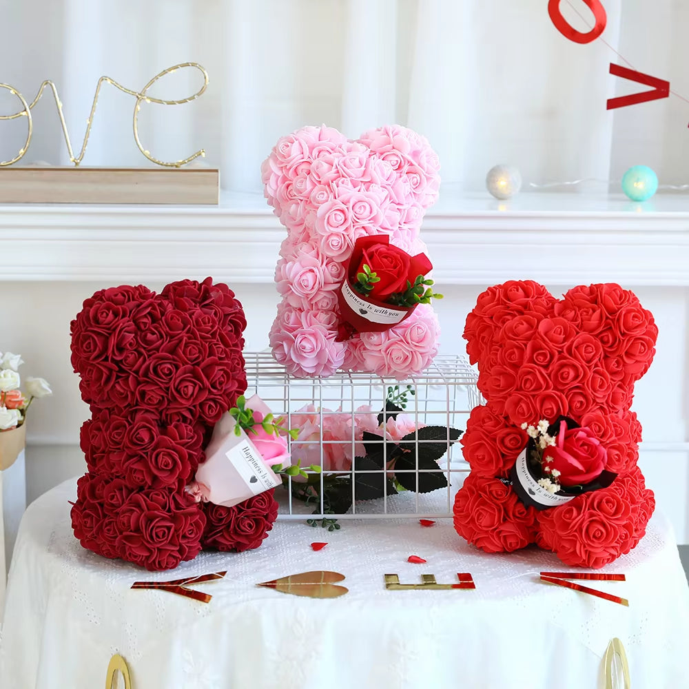 2024 Dropshipping 25Cm Rose Bear Heart Artificial Flower Rose Bear with Box for Women Valentines Wedding Birthday Christmas Gift