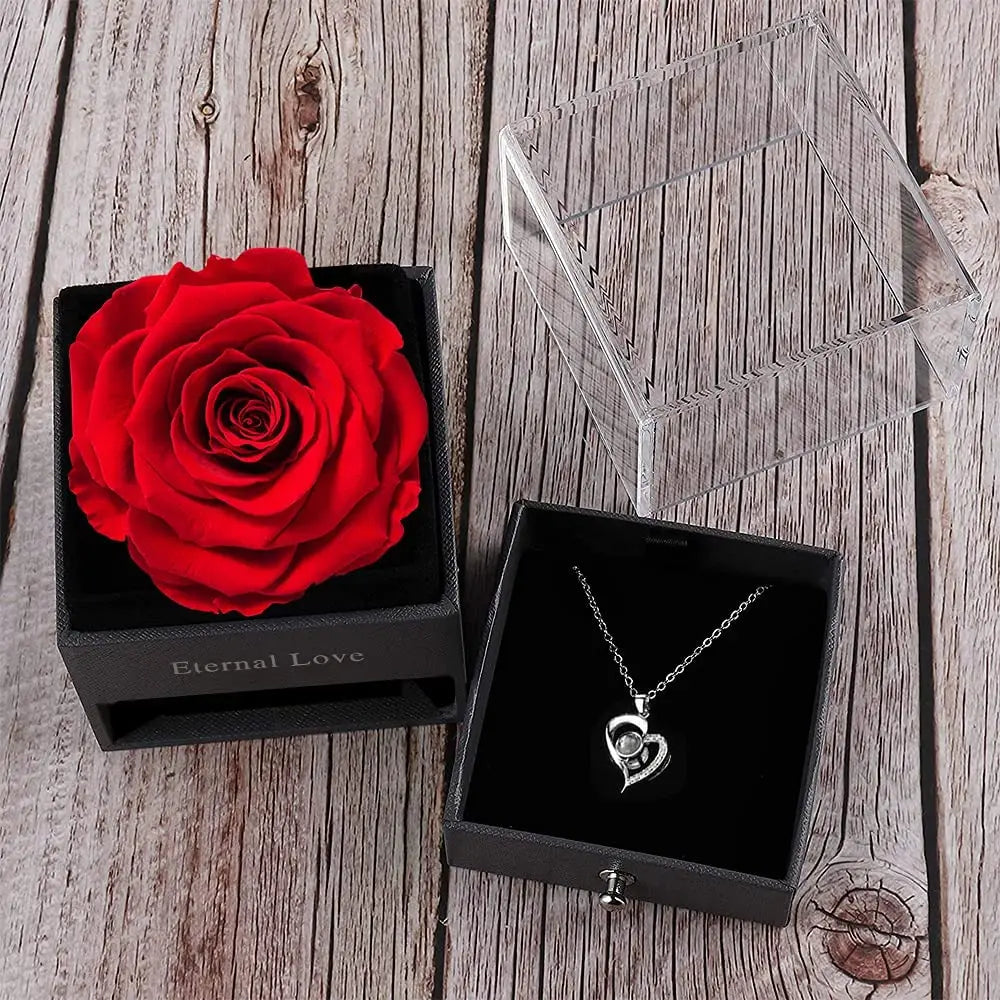 Mother Day Gift Sets Acrylic Jewelry Box Immortal Infinity Eternal Forever Stabilized Preserved Roses with I Love You Necklace